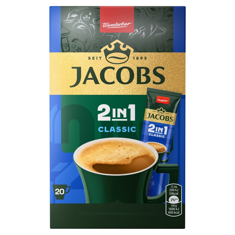 Jacobs 2in1 Classic azonnal oldódó kávéitalpor kávéfehérítővel 20 x 12,4 g (248 g)