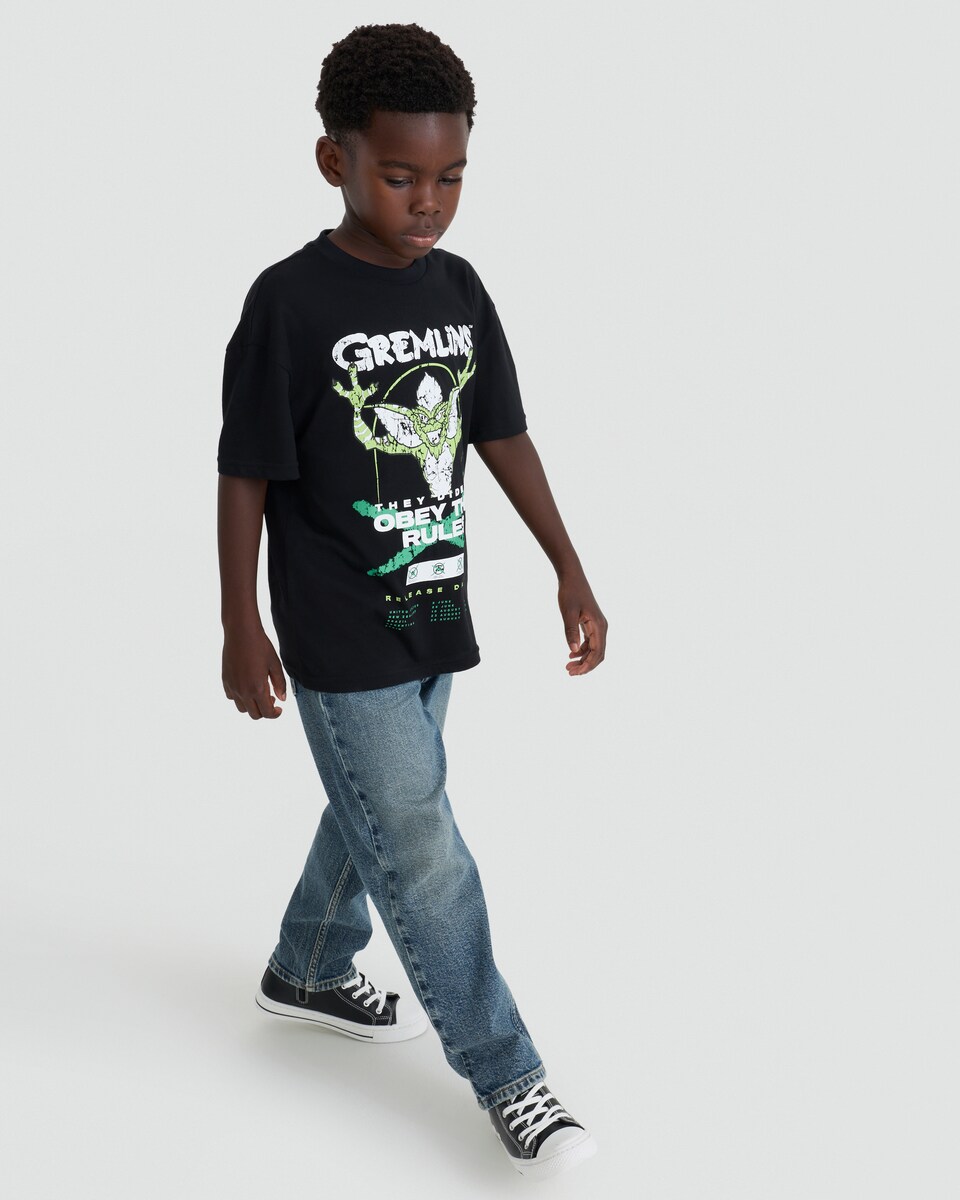 image 1 of Gremlins Obey the Rules Print Pure Cotton T-Shirt in Grey