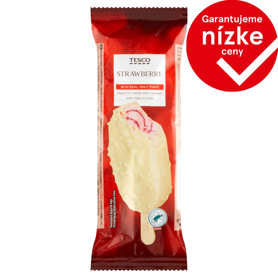 Tesco Mrazený krém s jahodovou príchuťou v bielej čokoláde 120 ml