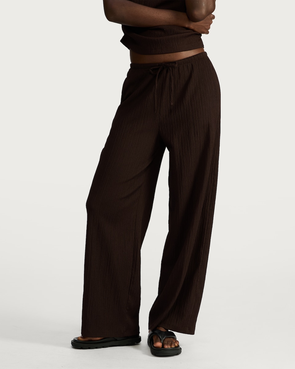image 1 of F&F Crinkle Wide Leg Co-ord Trousers in Brown