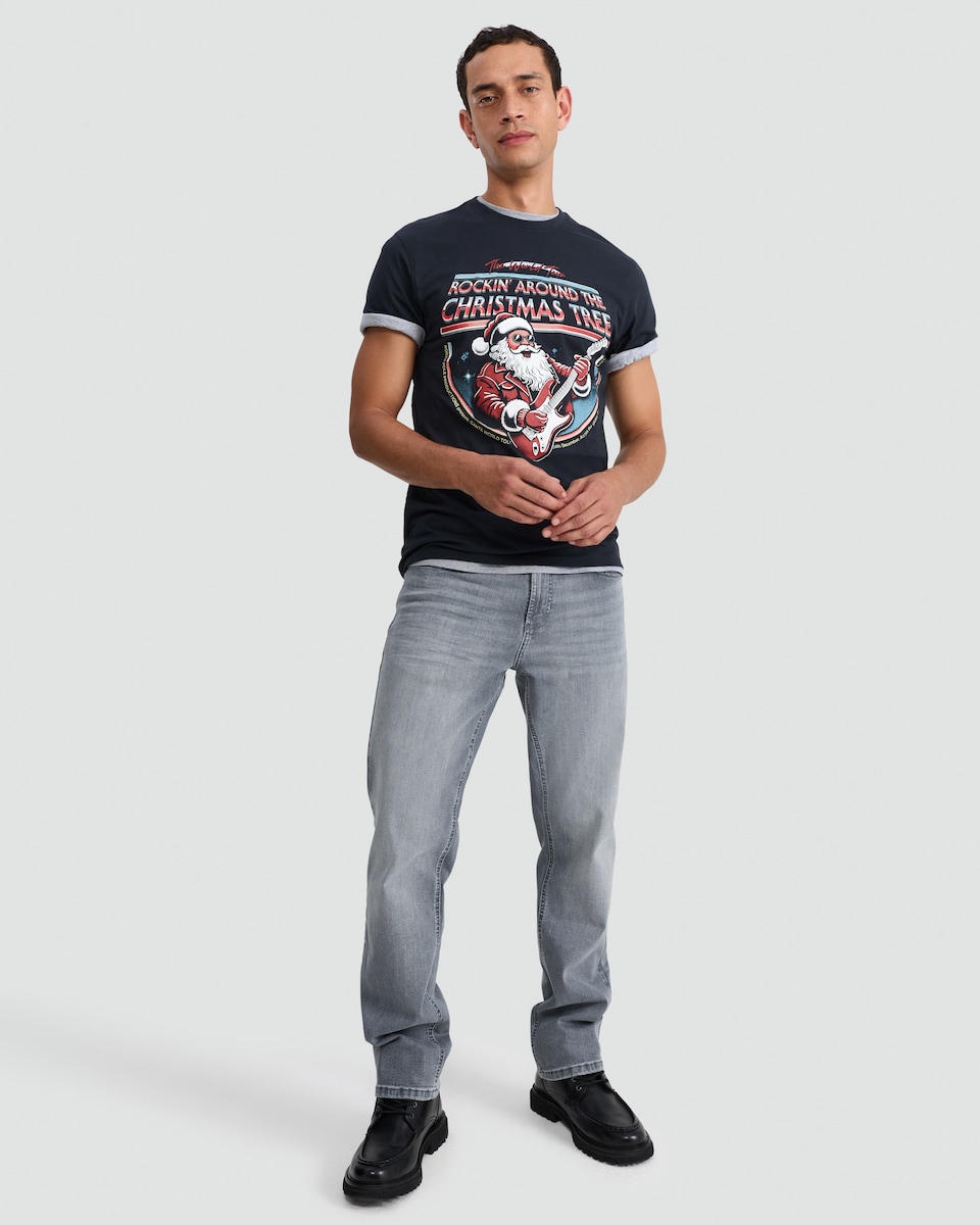 image 1 of F&F Pure Cotton Rockin' Around the Christmas Tree T-Shirt in Navy