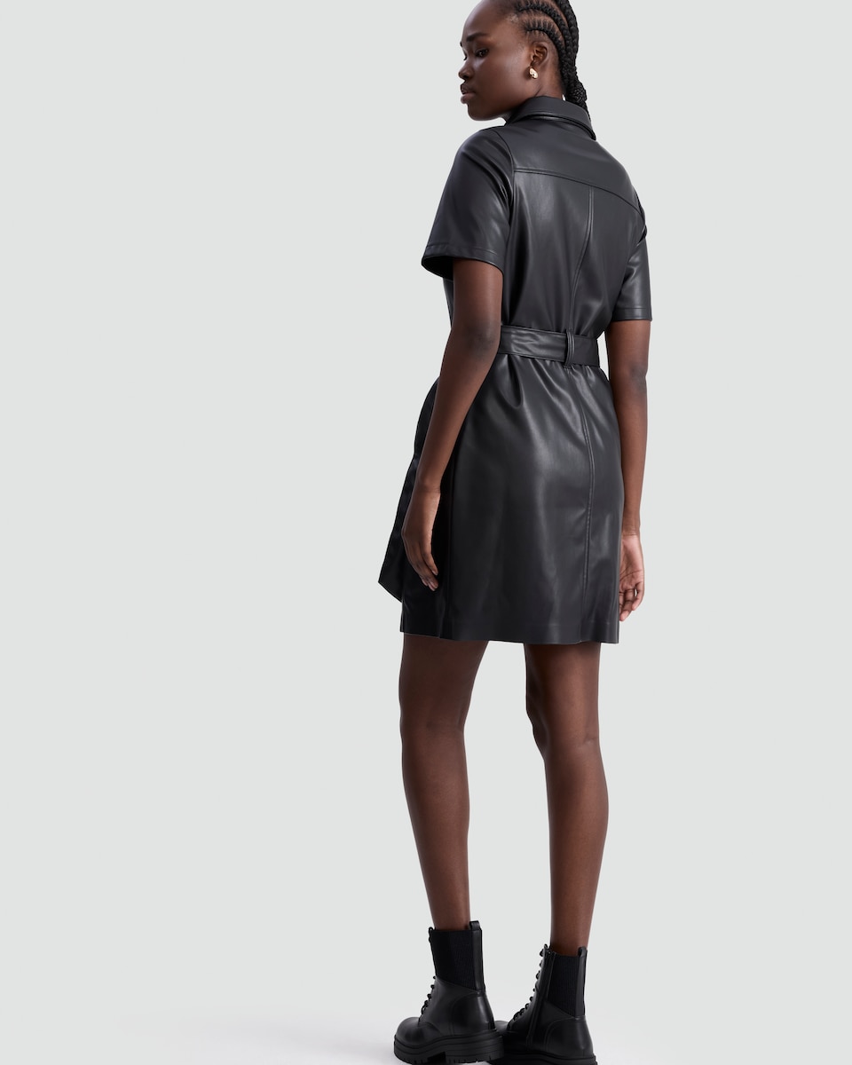 image 1 of F&F Faux Leather Belted Shirt Dress in Black