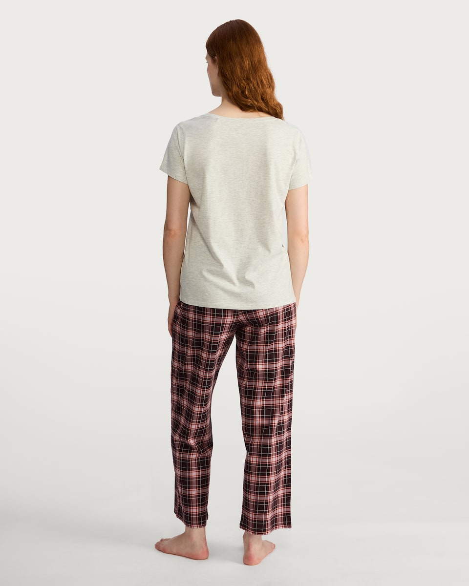 image 1 of F&F Cotton Rich Slogan T-Shirt and Check Print Trousers Pyjamas in Grey