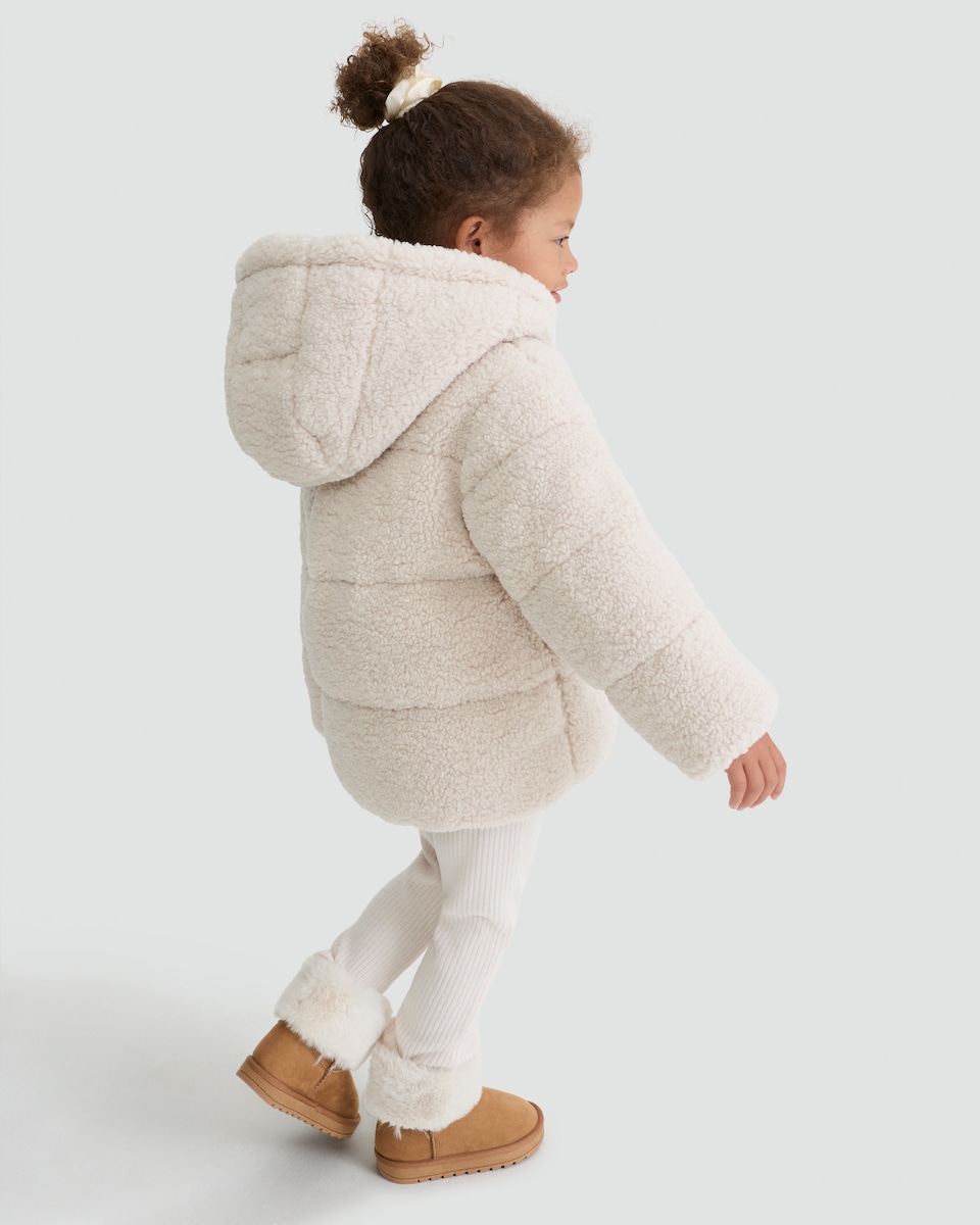 image 1 of F&F Girls Borg Textured Padded Hooded Jacket in Cream