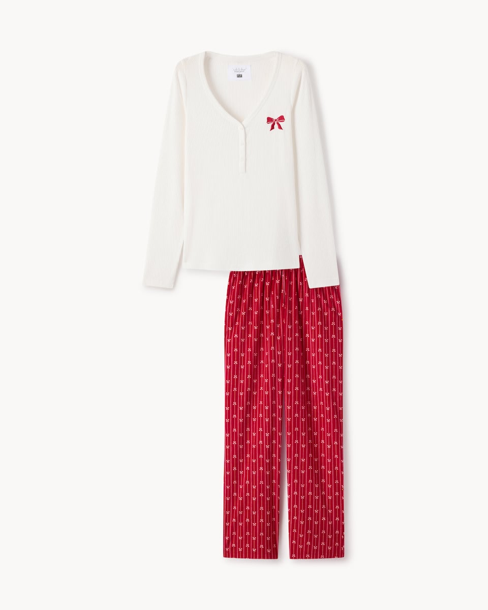 image 1 of F&F Brushed Henley Bow Pyjama Set in Multi Red