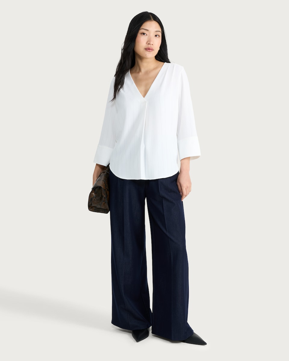 image 1 of F&F V Neck Button Cuff Blouse in White