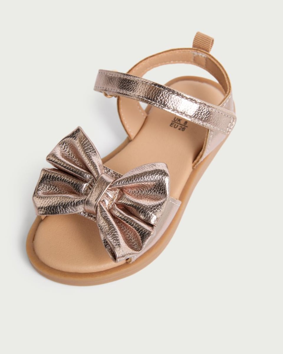 image 1 of F&F Girls Bow Detail Strap Sandals in Gold