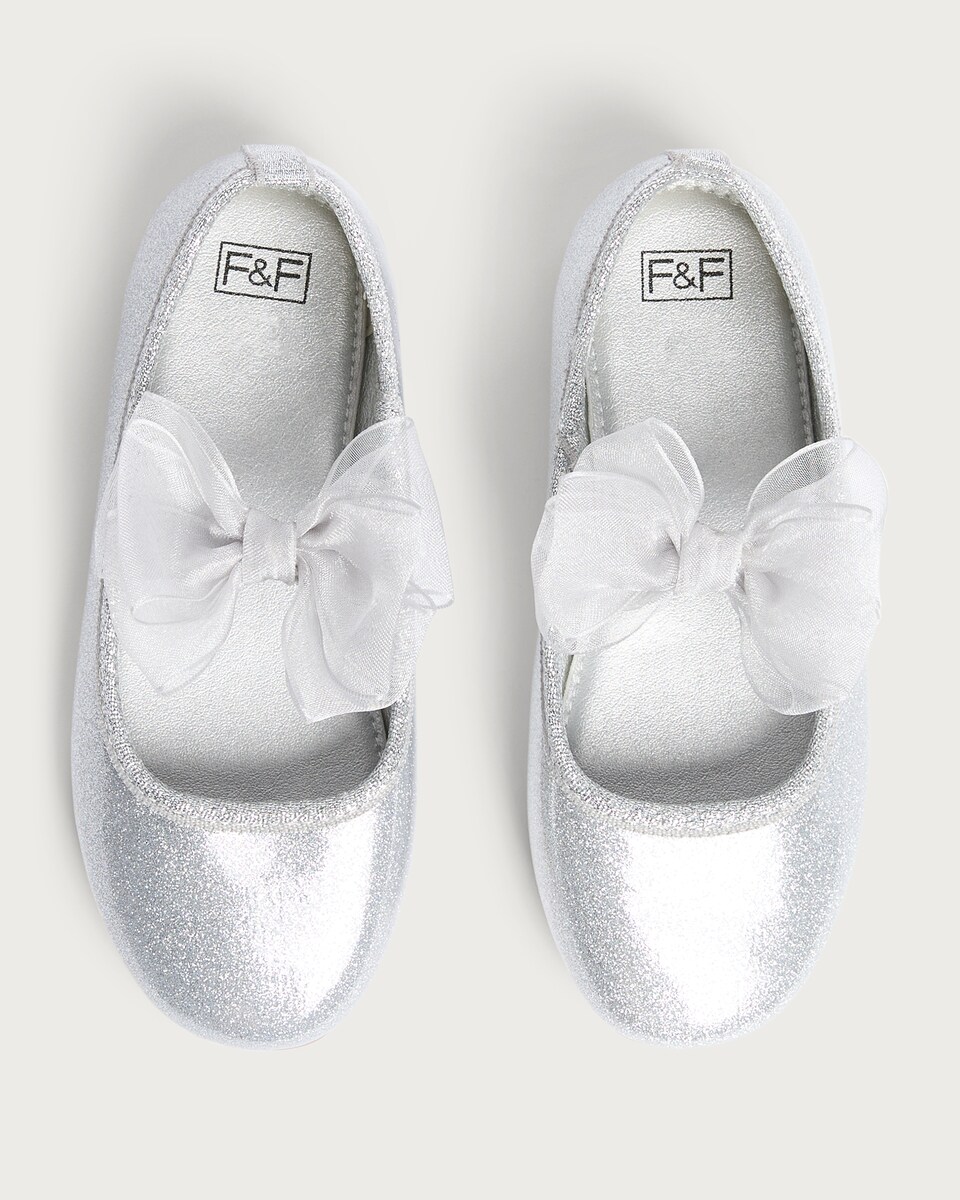 image 1 of F&F Girls Glitter Bow Ballet Flats in Silver