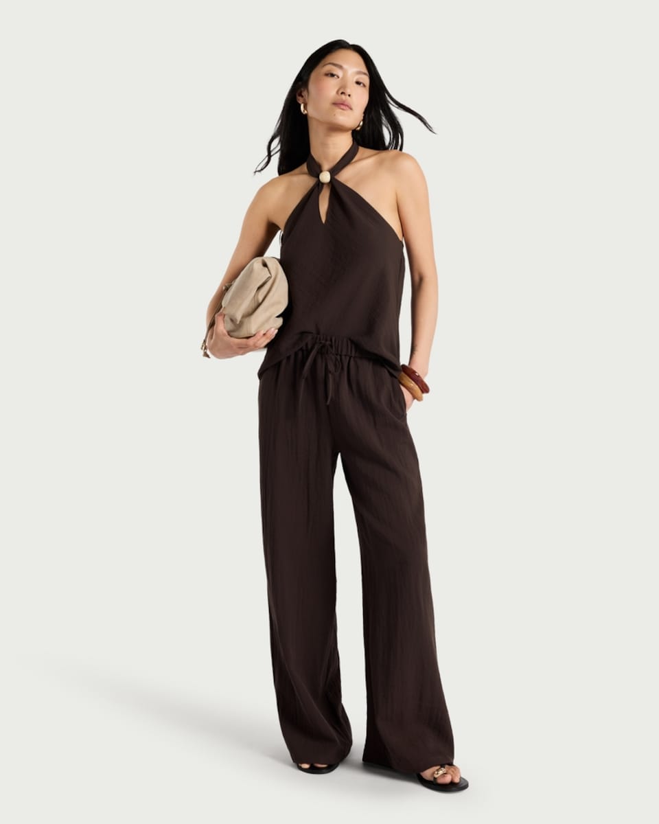 image 1 of F&F Wide Leg Drawstring Co-ord Trousers in Chocolate