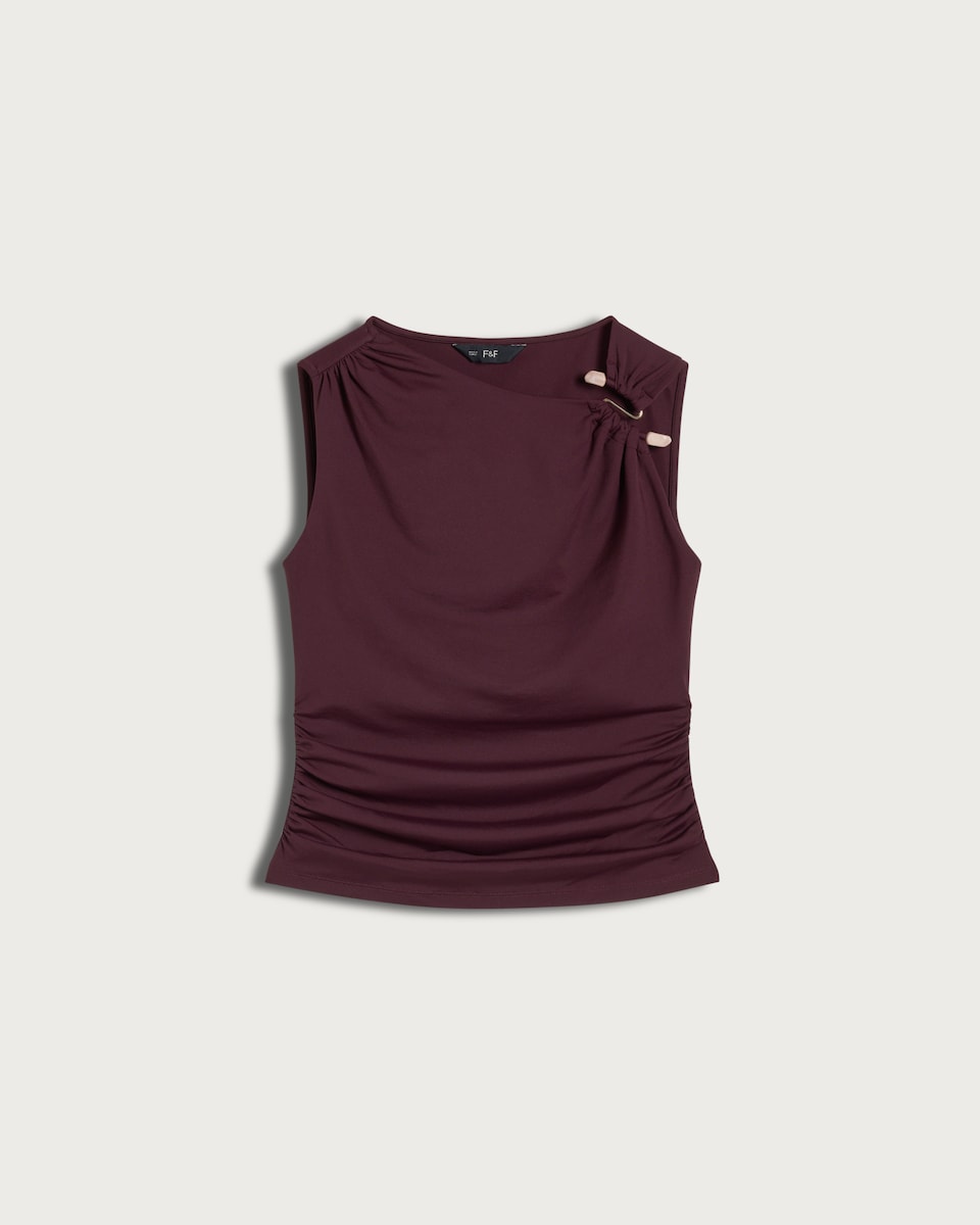 image 1 of F&F Ruched Twist Front Sleeveless Top in Burgundy