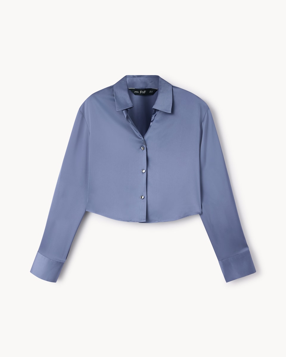 image 1 of F&F Satin Cropped Shirt in Blue