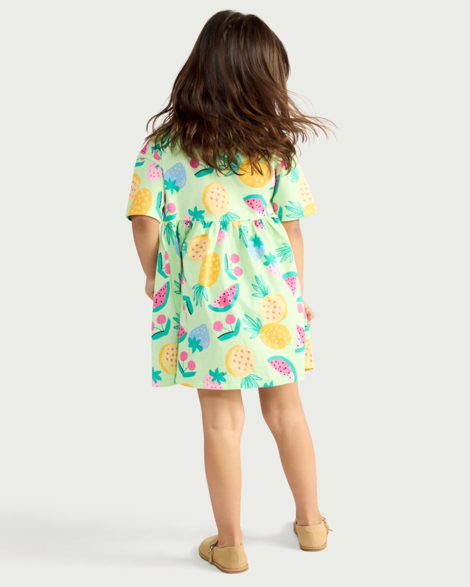 image 1 of F&F Girls Pure Cotton Fruit Print Short Sleeved Dress in Multi Green