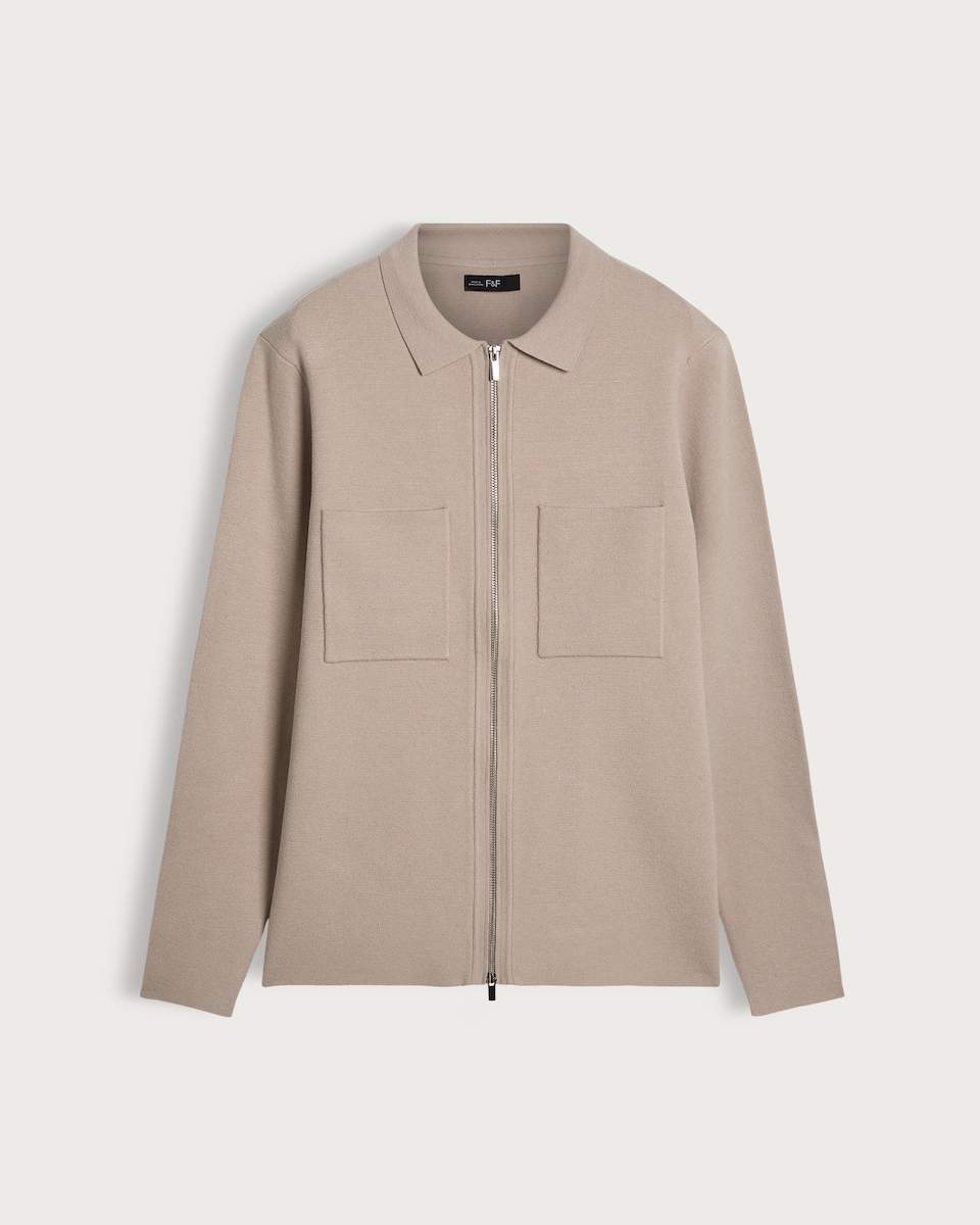 image 1 of The F&F Edit Knitted Pocket Front Zip Up Collared Jacket in Sand