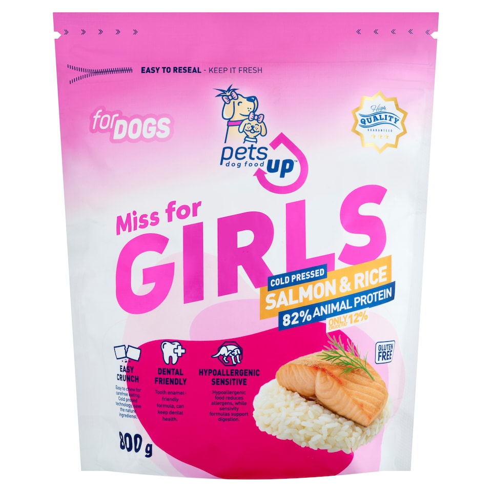 PetsUp Miss for Girls érzékeny kutyák igényeihez igazodó lazac és rizs alapú prémium kutyatáp 800 g  1. kép