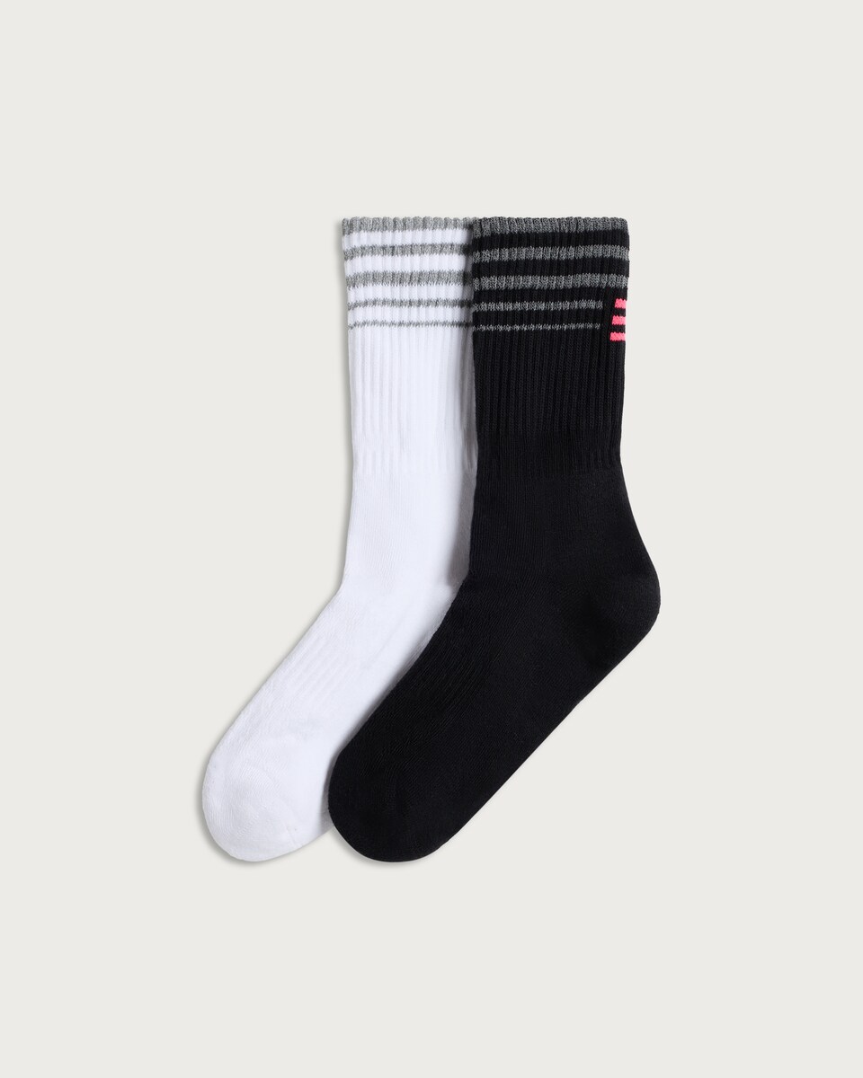 F&F Active 2-Pack Cotton Rich Ribbed Stripe Accent Crew Socks in Black