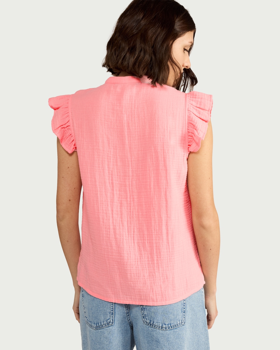 image 1 of F&F Pure Cotton Double Cloth Ruffle Sleeved Blouse in Pink