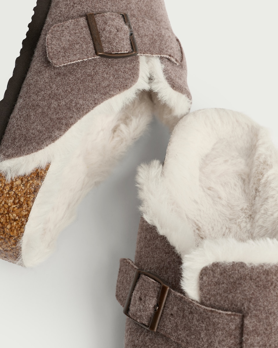 image 1 of F&F Faux Fur Lined Buckle Mule Slippers in Mink