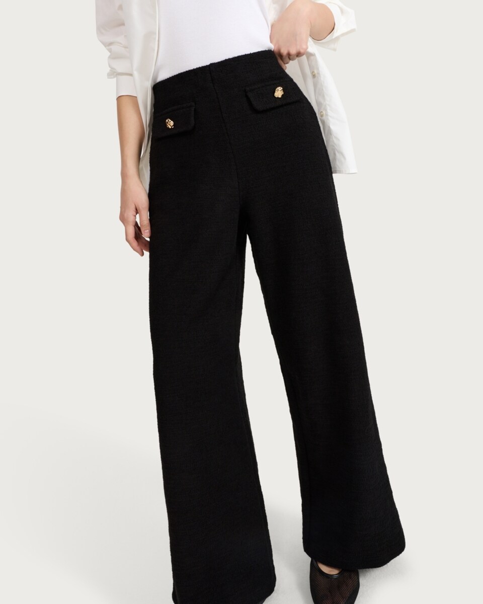 image 1 of F&F Cotton Rich Boucle Textured Wide Leg Trousers in Black