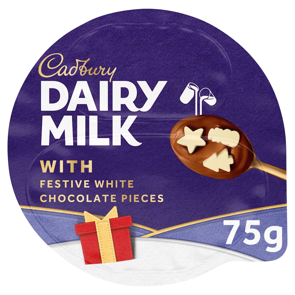 image 1 of Cadbury Dairy Milk Dessert with festive white chocolate pieces 75g