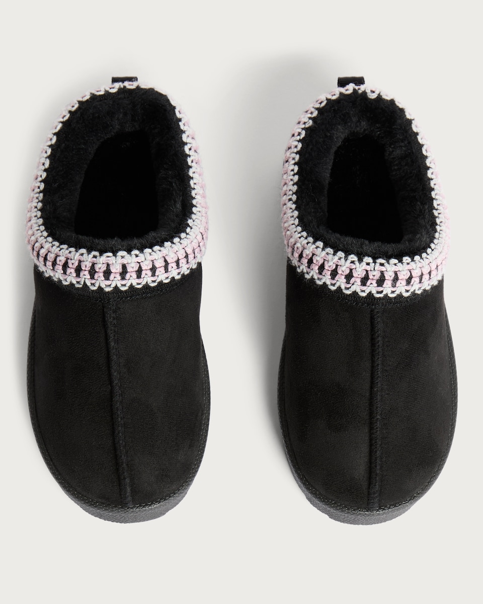 image 1 of F&F Girls Woven Trim Faux Fur Lined Chunky Slippers in Black