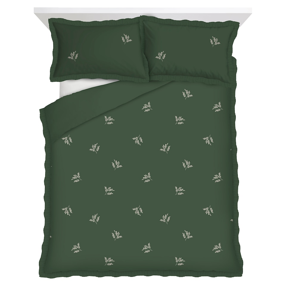 F&F Home Brushed Cotton Green Embroidered Frill Duvet Set Double