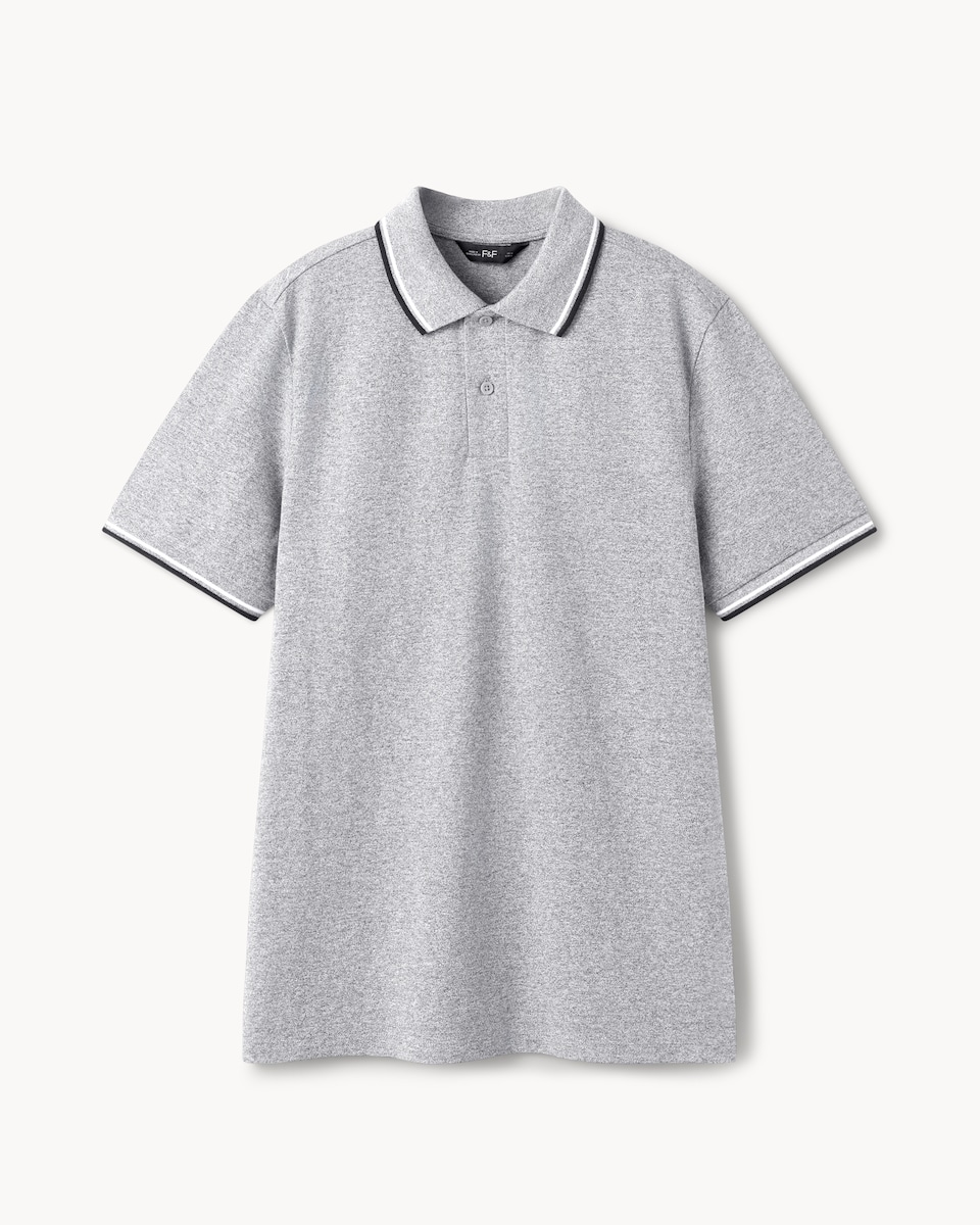 image 1 of F&F Cotton Rich Tipped Short Sleeved Polo Shirt in Grey Marl