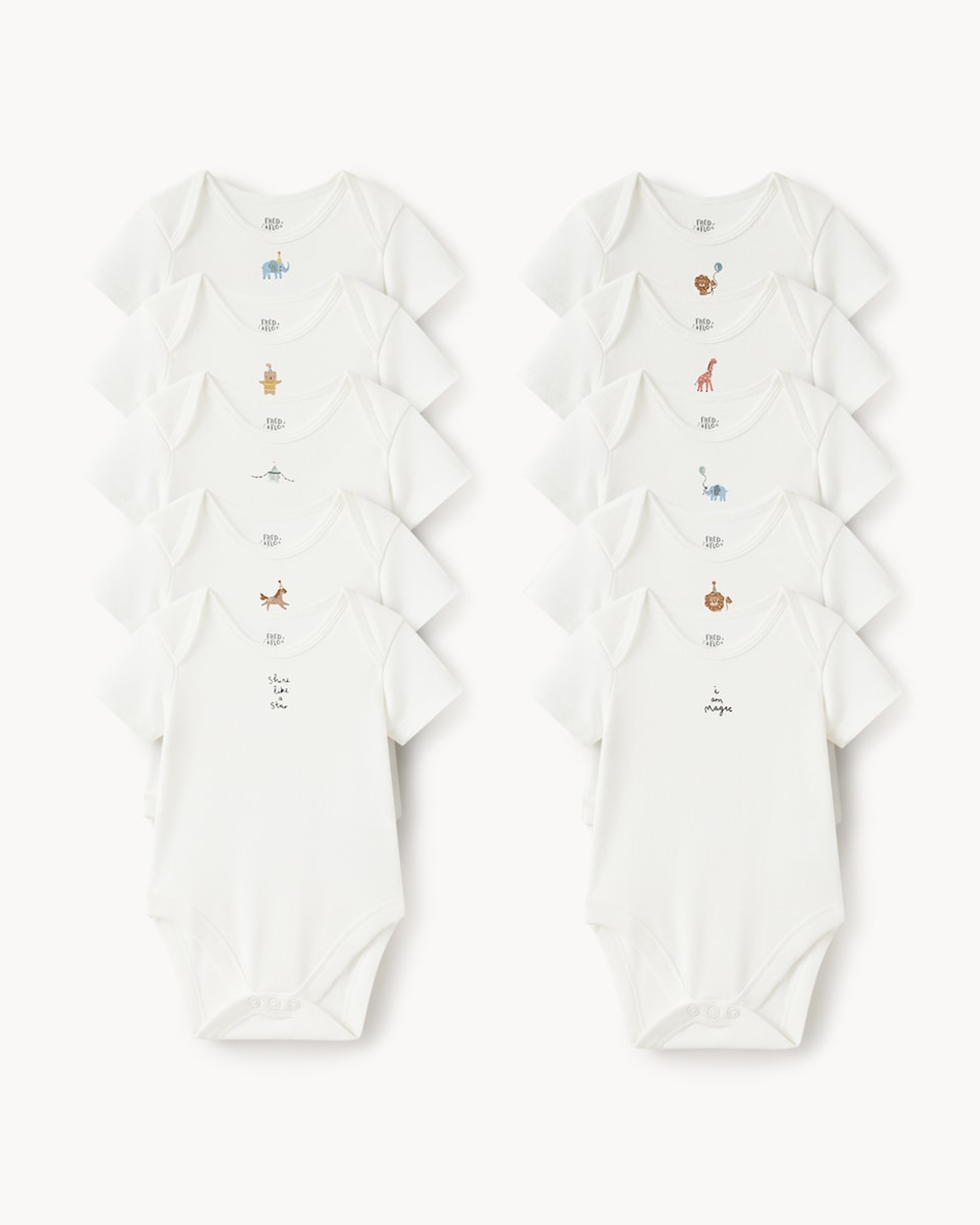 image 1 of F&F Baby 10-Pack Pure Cotton Animal Bodysuits in White