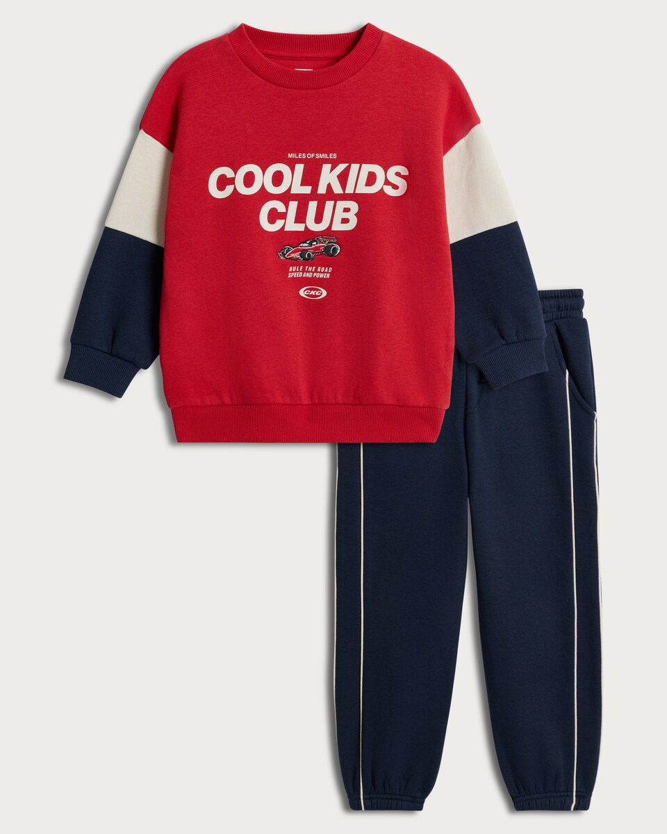 image 1 of F&F Boys Cotton Rich Cool Kids Club Slogan Sweatshirt and Joggers Set  in Red