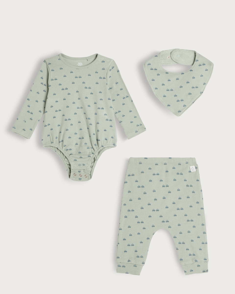 image 1 of F&F Baby 3-Piece Cotton Rich Car Print Bodysuit, Legging and Bib Set in Green