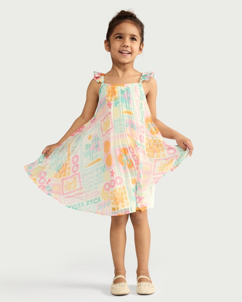 image 1 of F&F Girls Tropical Print Pleated Dress in Multi