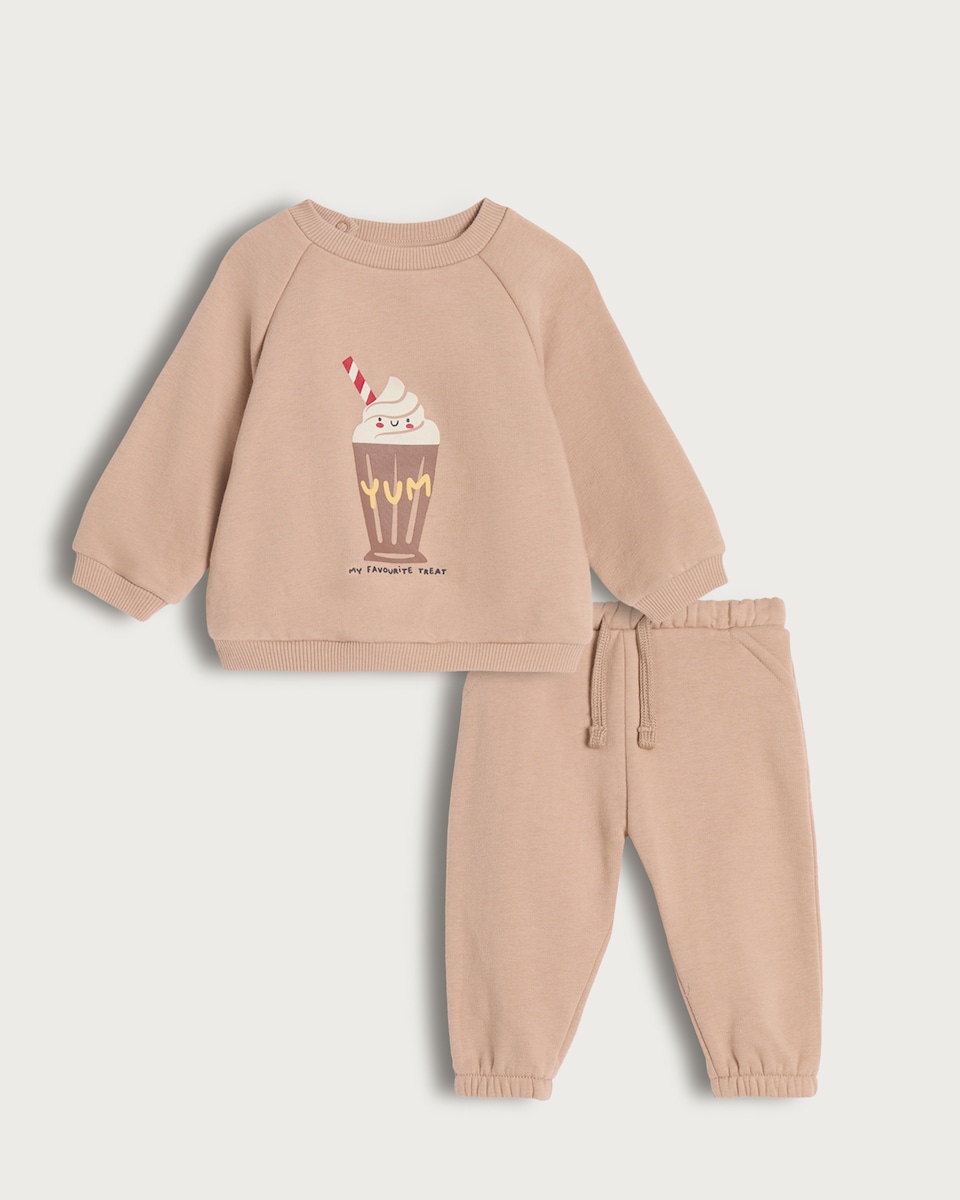image 1 of F&F Baby 2-Piece Cotton Rich My Favourite Treat Sweatshirt and Jogger Set in Neutral