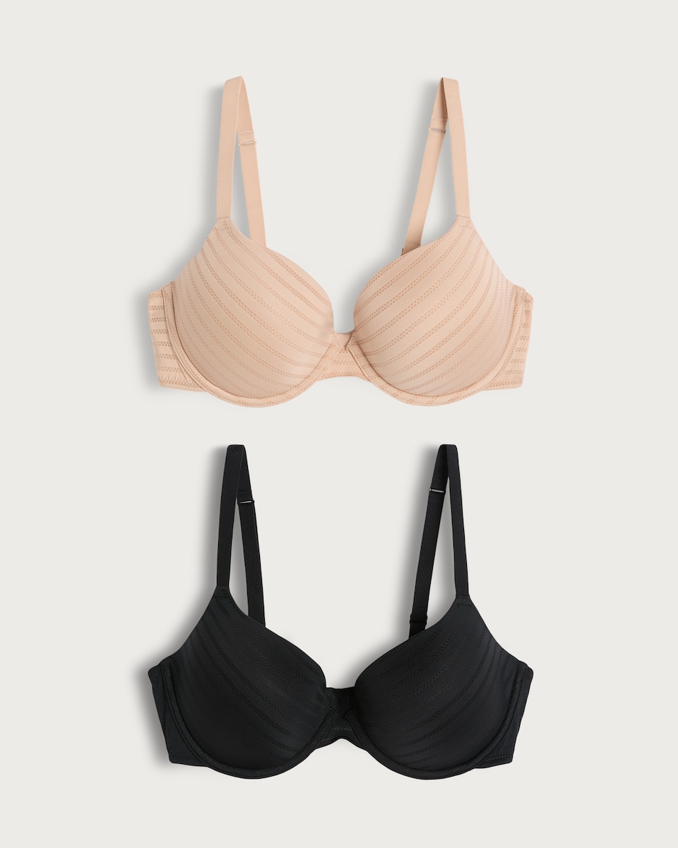 image 1 of F&F 2-Pack Striped Underwired T-Shirt Bra in Multi Black White