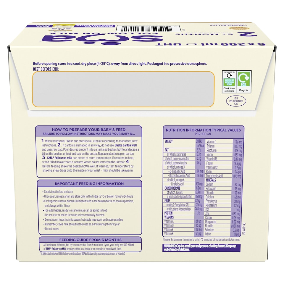 image 1 of SMA Follow On Baby Milk Formula Liquid Ready to Feed 6+ months 6x200ml