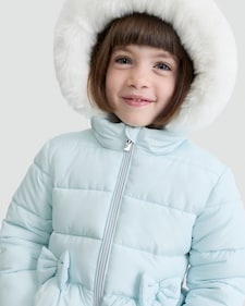 F&F Girls Faux Fur Hood Padded Shower Resistant Coat in Blue