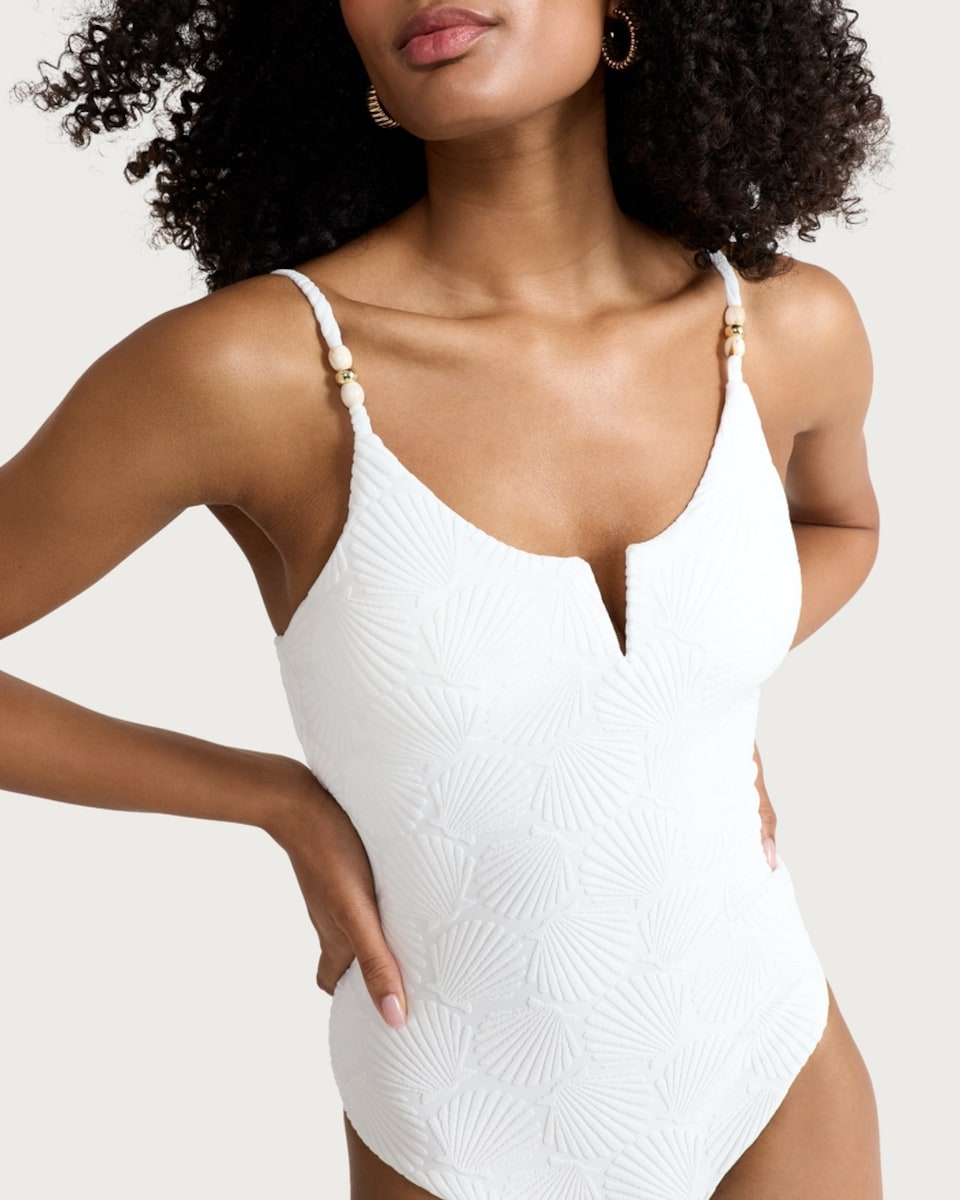image 1 of F&F Textured Shell Beaded Swimsuit in Cream