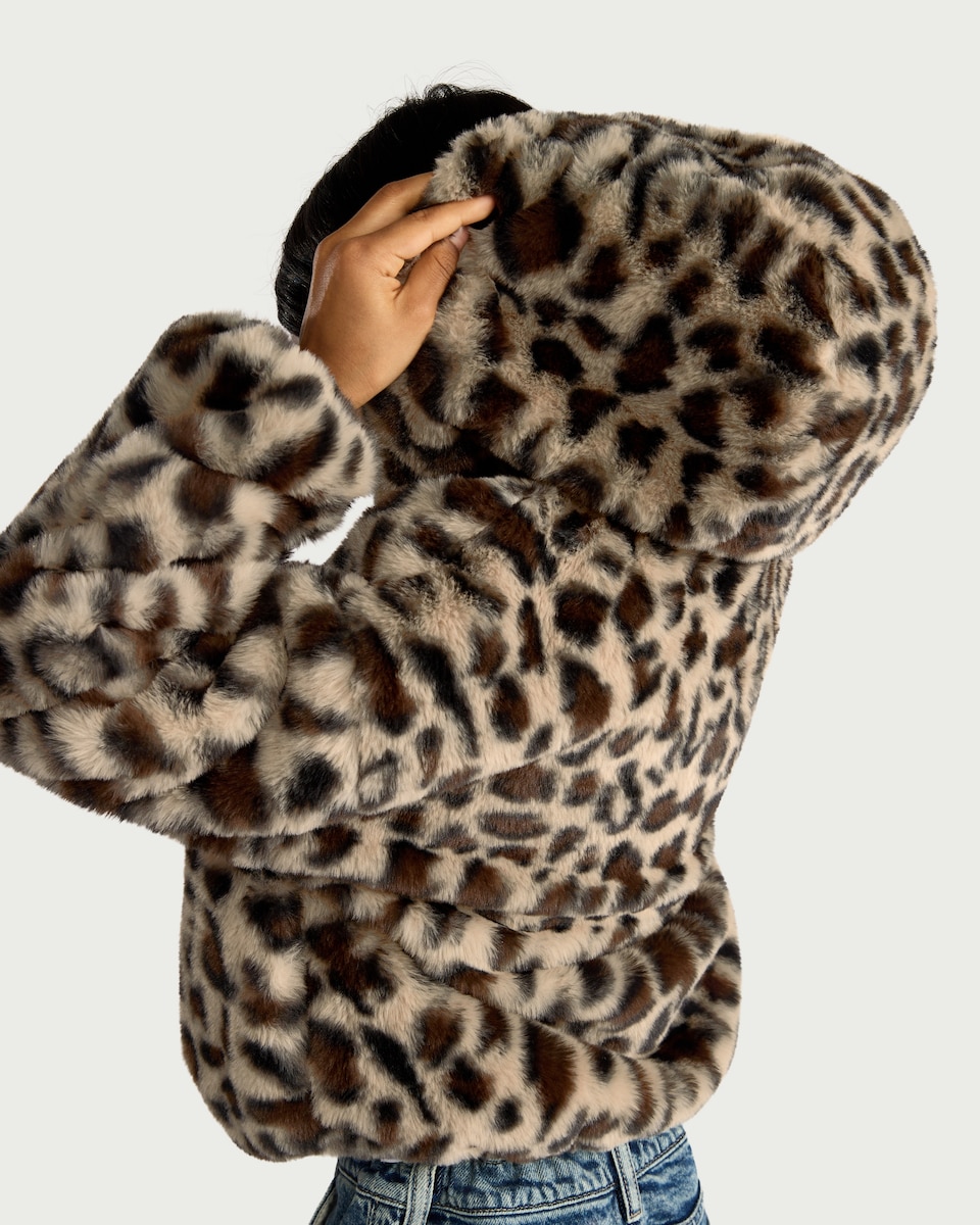 image 1 of F&F Girls Faux Fur Leopard Print Jacket in Multi Brown