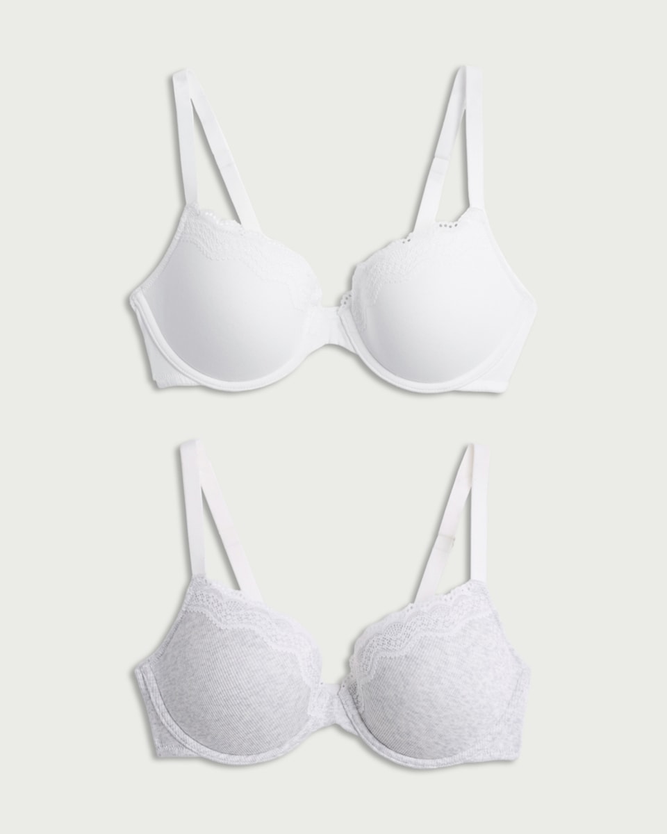 image 1 of F&F 2-Pack Lace Trim Ribbed Wired T-Shirt Bras in Grey