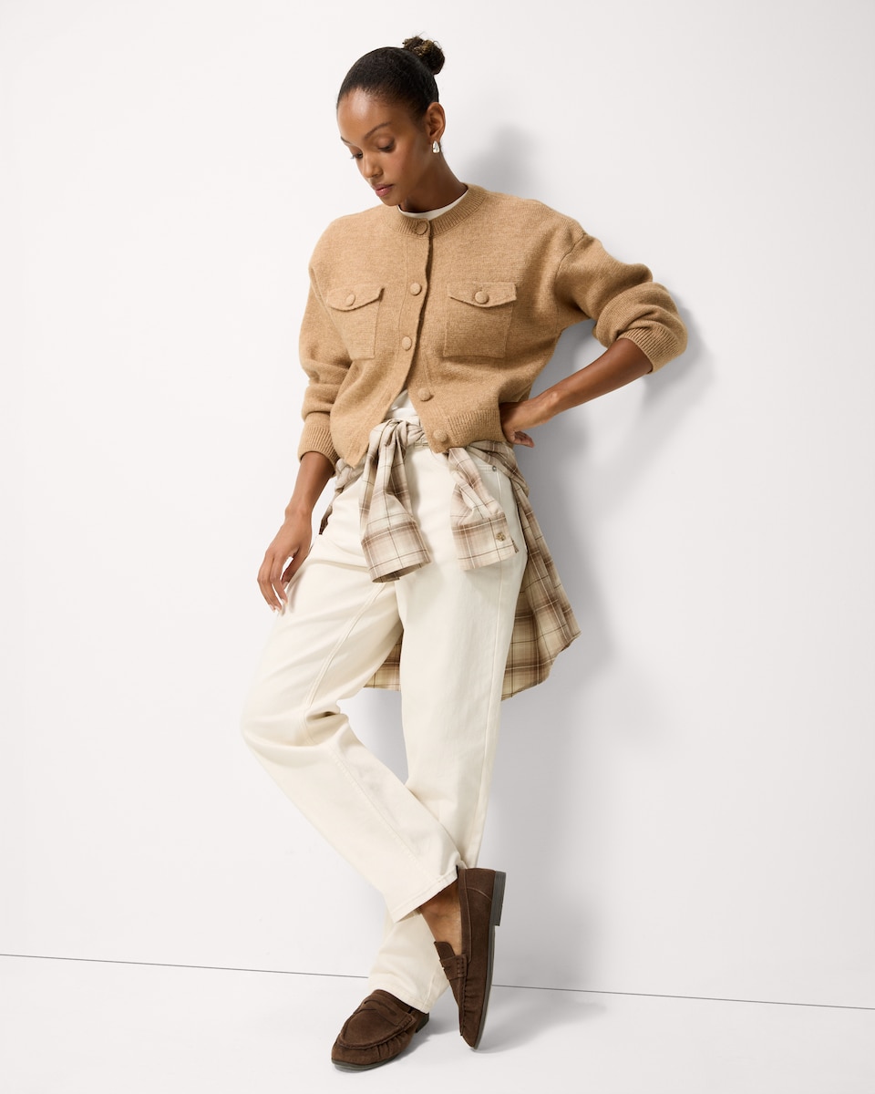 image 1 of F&F Military Crew Neck Cardigan with Wool in Camel