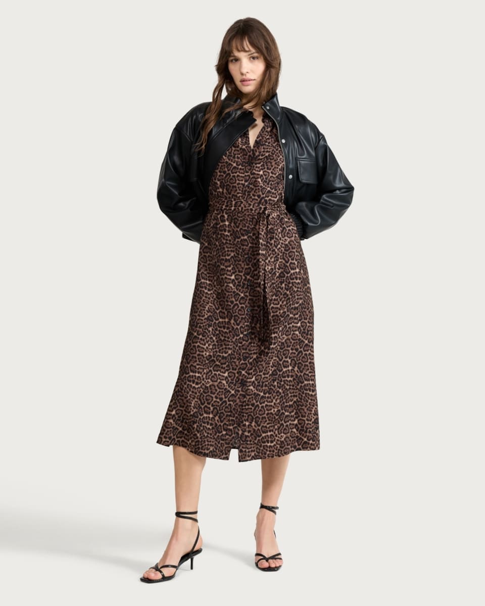 image 1 of F&F Leopard Print Belted Midi Shirt Dress in Multi Brown