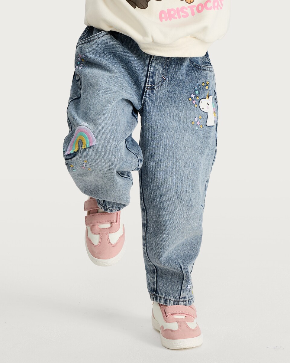 image 1 of F&F Girls Pure Cotton Barrel Leg Embroidered Jeans in Blue