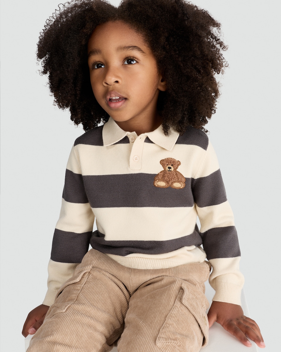 image 1 of F&F Boys Stripe Print Teddy Bear Rugby Jumper in Grey