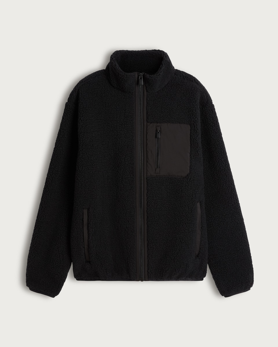 F&F Pocket Front Zip Up Fleece Jacket in Black