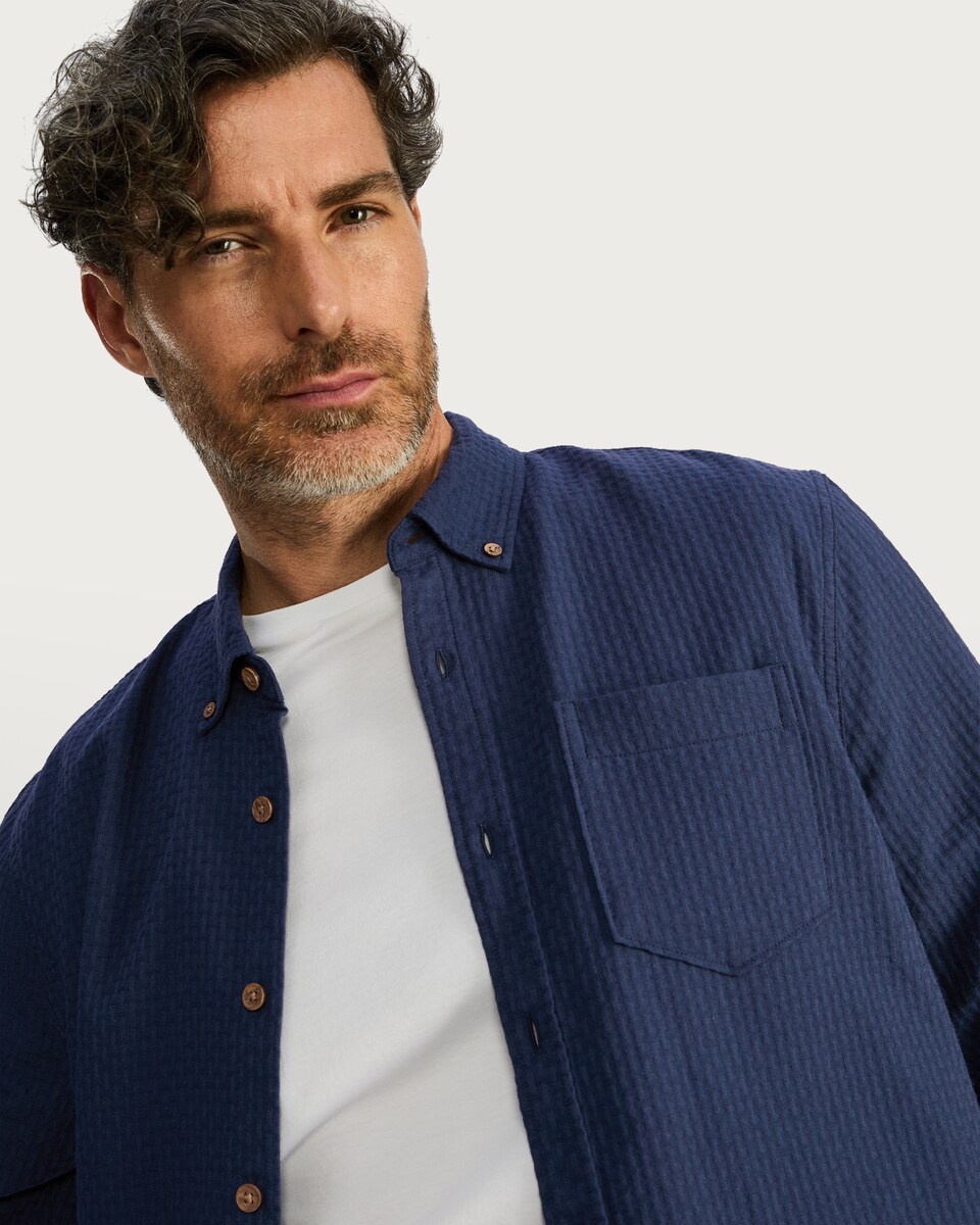 image 1 of F&F Pure Cotton Waffle Textured Button Down Shirt in Navy