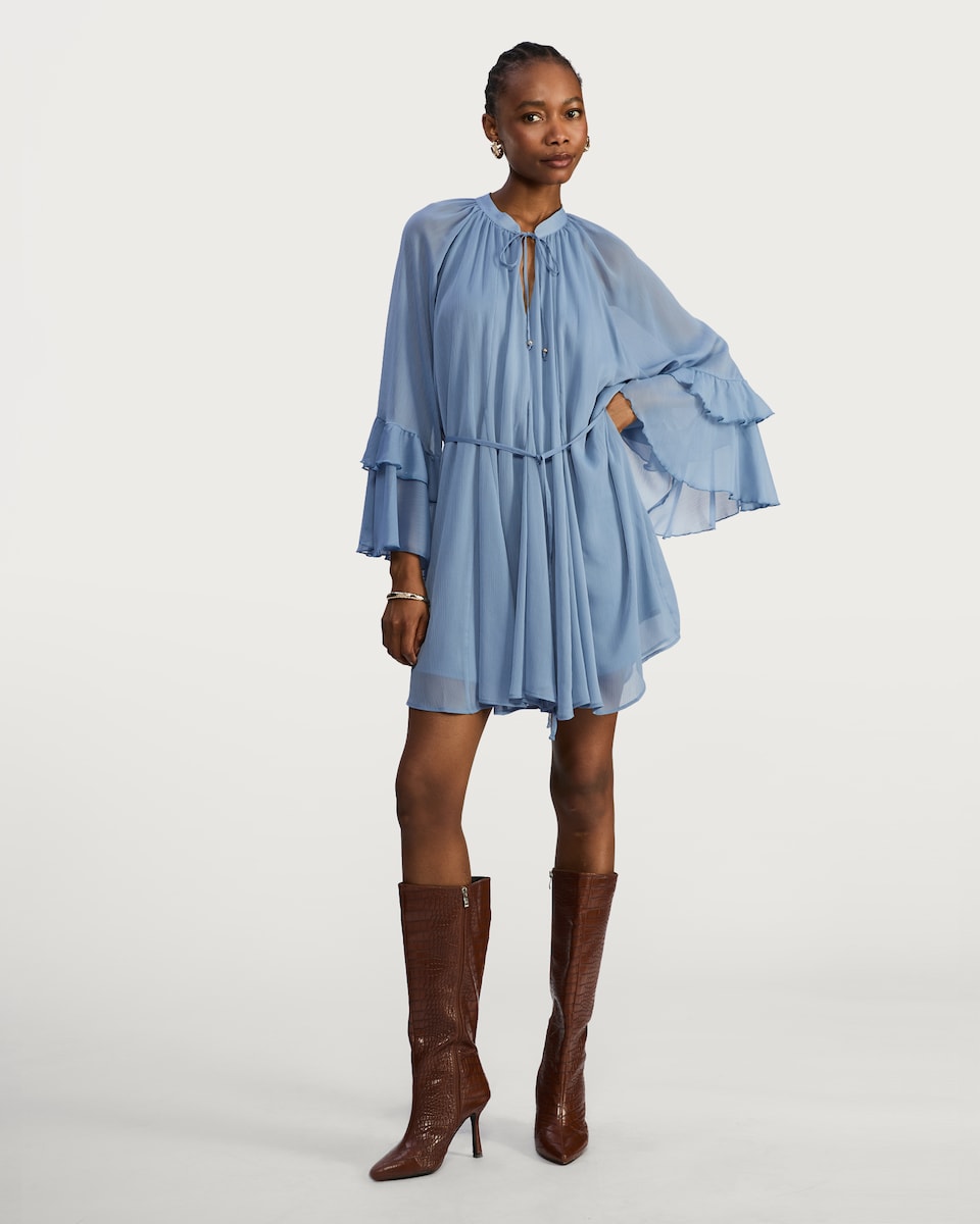 image 1 of F&F Tiered Sleeve Tie Waist Mini Dress in Blue