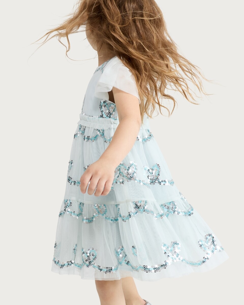 image 1 of F&F Girls Sequin Embellished Tiered Dress in Blue