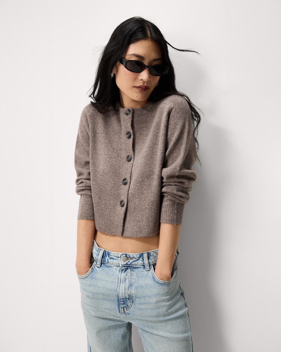 image 1 of F&F Knitted Crew Neck Cardigan in Mink