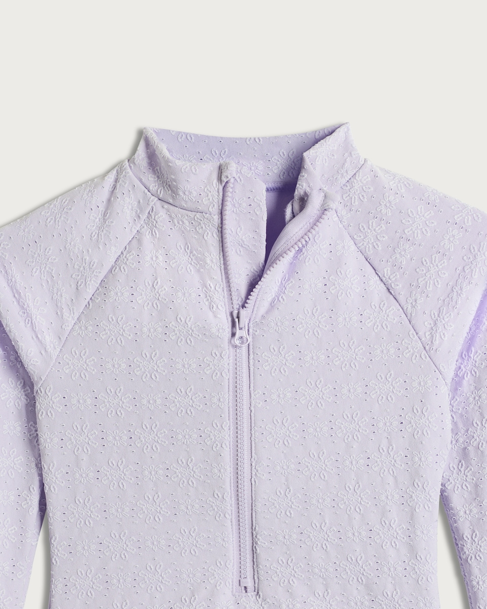 image 1 of F&F Girls Broderie Ruffle Long Sleeved Swimsuit in Lilac