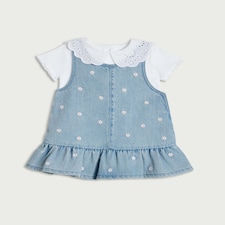 F&F Baby 2-Piece Pure Cotton Denim Embroidered Pinafore and Bodysuit Set in Blue