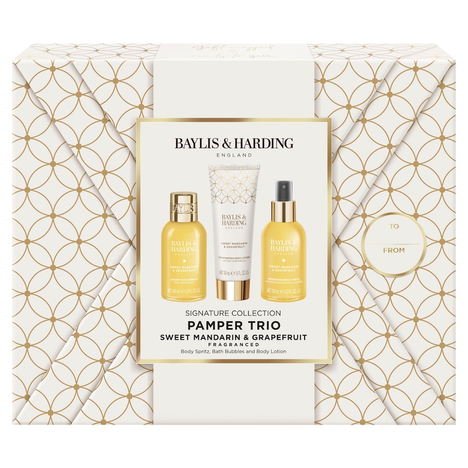 image 1 of Baylis & Harding Sweet Mandarin & Grapefruit Gift Wrapped Pamper Trio Gift Set