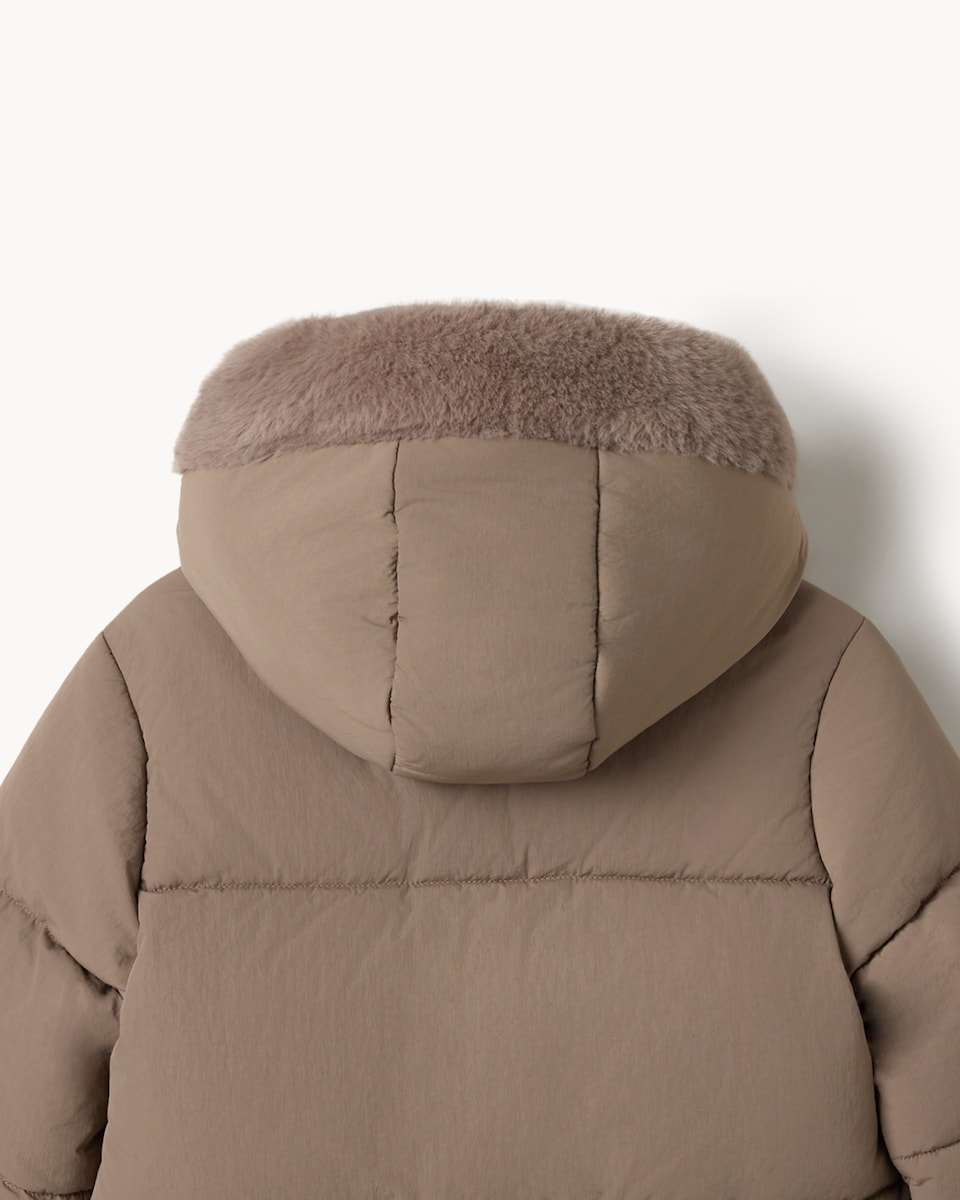 image 1 of F&F Girls Faux Fur Lined Puffer Jacket in Brown